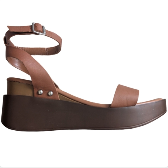 Steve Madden TIRMA Platform Sandals Sz 9.5 Brown Leather Ankle Strap Wedge Boho - Picture 3 of 8